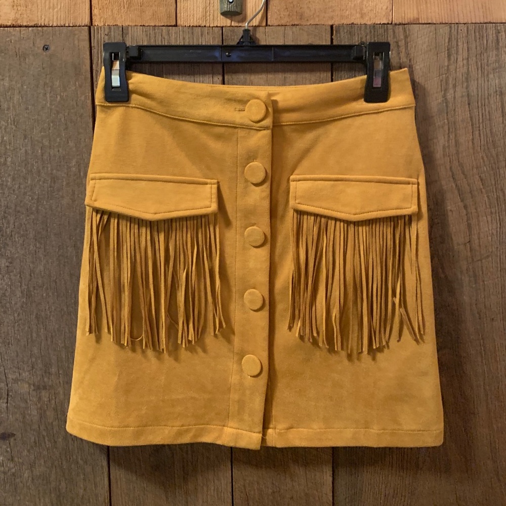 Suede fringe mini skirt.